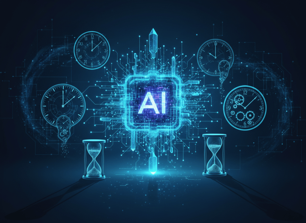 Illustration conceptuelle et élégante d’un modèle d’intelligence artificielle abstrait, représenté par un réseau neuronal lumineux et des formes géométriques futuristes, entouré de plusieurs horloges symbolisant le temps qui passe. Ambiance cybernétique, réflexion sur la durée et l’éternité, palette bleu nuit, cyan et touches violettes, lumière dramatique, composition professionnelle adaptée à un article de recherche sur l’IA, sans texte ni logos.